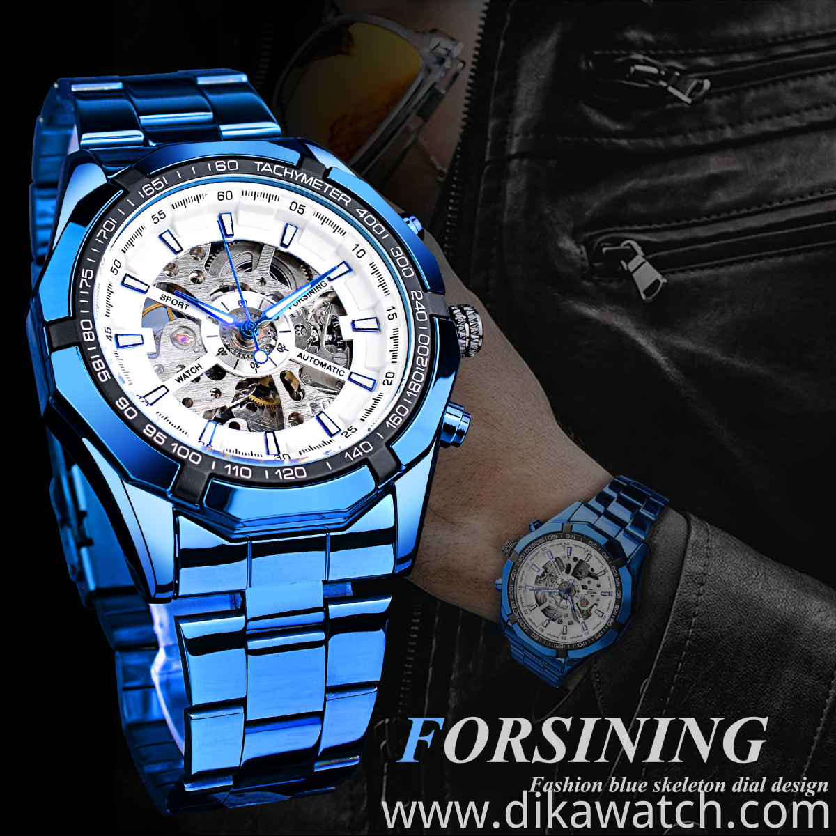 Forsining Blue Design Stainless Steel Men Mechanical Automatic Wrist Watches Top Brand Luxury Military Sport Male Clock